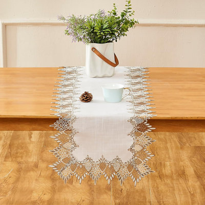 Chemin de table en lin blanc 60 pouces de long, tons de terre neutres, écharpe en vinyle beige avec commode en vinyle pour la cuisine, table basse, fête de mariage (blanc, 16 po x 60 po)