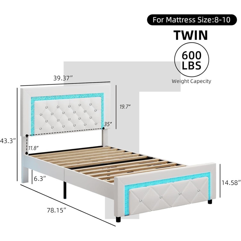 Structure de lit plateforme tapissier Alber avec lumières DEL et capitonnage à losange, Lit simple, Blanc
