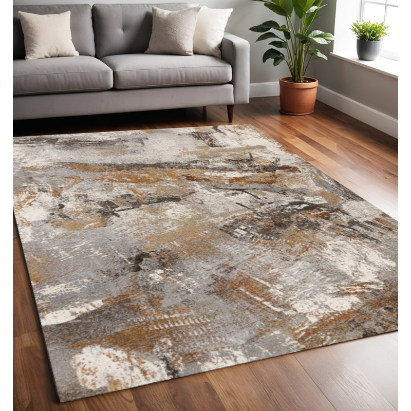 Tapis abstrait gris, brun et beige 5 pi x 8 pi