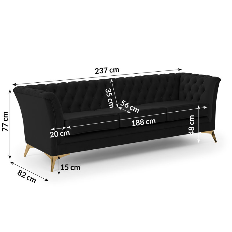 Whitby 3 Seater Velvet Sofa, Gold, Black