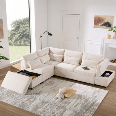 107" Modular Sectional Pull-out Sofa, L shape with Wide Seats, Free Movement Storage Ottoman, Free Combination