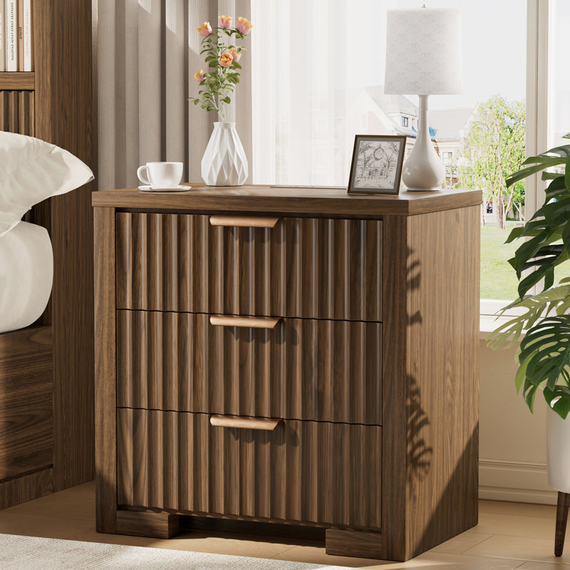 3-Drawer 23.6''W Night Stand with Built-In Outlets, Modern Fluted Bed Side Table, Walnut, 1