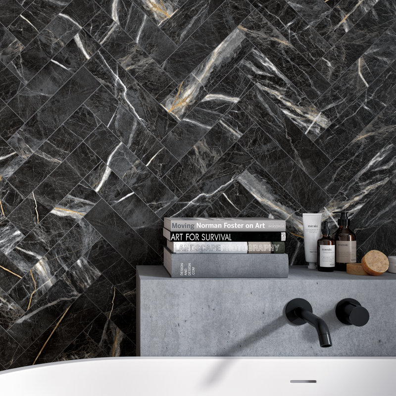 Elegance Subway 3.15 in. x 12.99 in. Matte Porcelain Marble look Floor and Wall Tile, Black