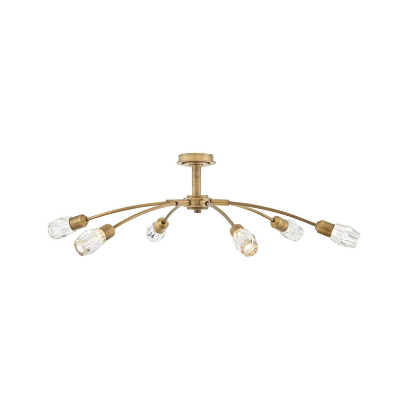Atera Six Light Single Tier Chandelier w/ Faceted Clear Crystal Glass Shades, Heritage Brass, 9.5" H x 45" W x 45" D