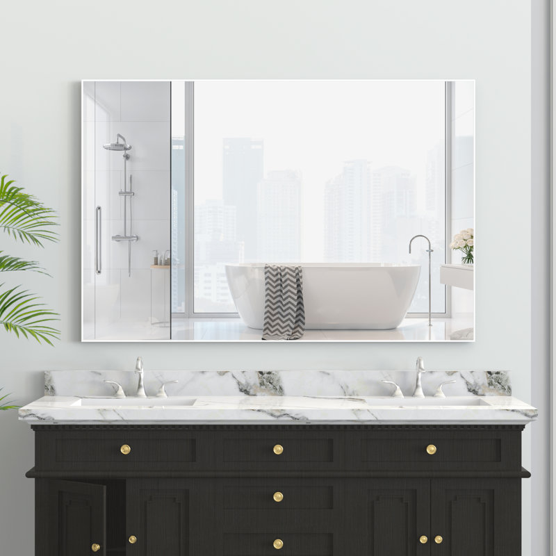 48×32" Oversized Rectangle Bathroom Mirror With White Aluminum Frame, Wall Mounted Decorative Mirror With Explosion-proof Glass, Vertical & Horizontal Hanging For Bathroom Living Room Bedroom