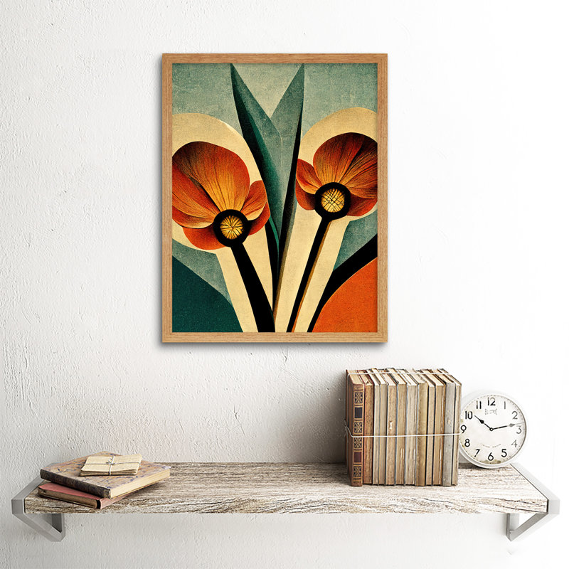 Flower Illustration Art Deco Tulips - Print, 43cm H x 33cm W, Light Brown Framed Paper