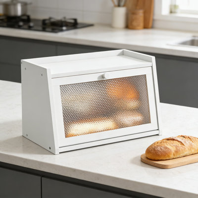 Large Farmhouse Bread Box With Acrylic Window, Bamboo Bread Storage Container For Kitchen Countertop, Spacious Bread Holder With Wavy Door Design