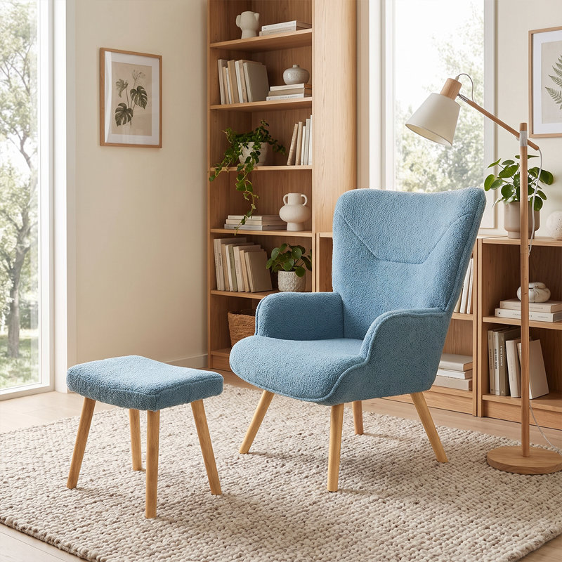Upholstered Armchair With Footstool, Dusty Blue Teddy
