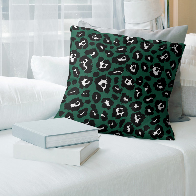 Housse de coussin carrée à imprimé léopard New York, 14 po x 14 po, Vert / noir / blanc, Simili daim