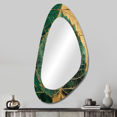 Ornamental Green Leaf Vintage Gold I - Leaves Irregular Shape Mirror, Green Asymmetrical Decorative Wall Mirror, Printed Metal Art