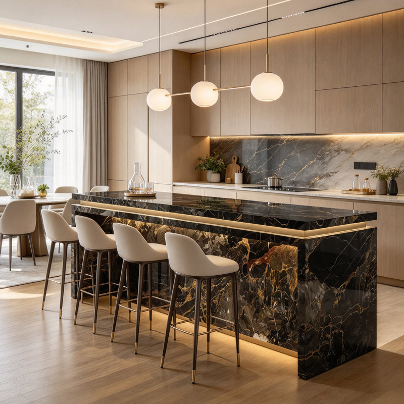 62.99" Modern Light Luxury Black-Gold Veined Sintered Stone Kitchen Island Dining Table with Built-in LED Lights
