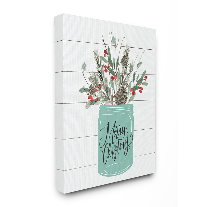 «Holiday Merry Christmas Mason Jar with Holly and Pinecones», impression, H 30 po x l 24 po x P 1,5 po, Toile tendue