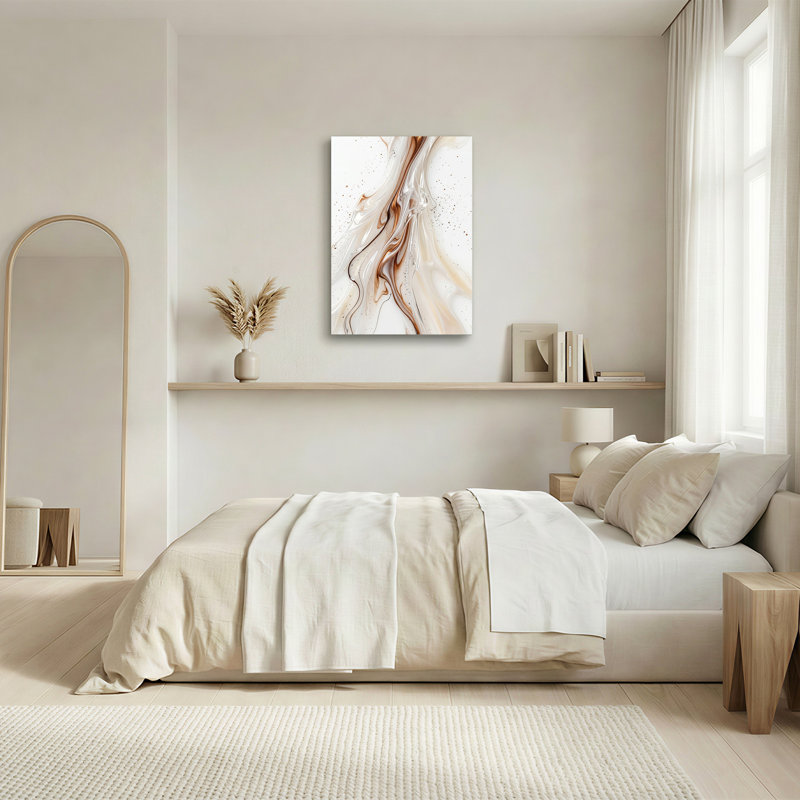Bronze et blanc, tourbillon de marbre liquide abstrait avec des taches d'or sur toile, 40"H x 28"W