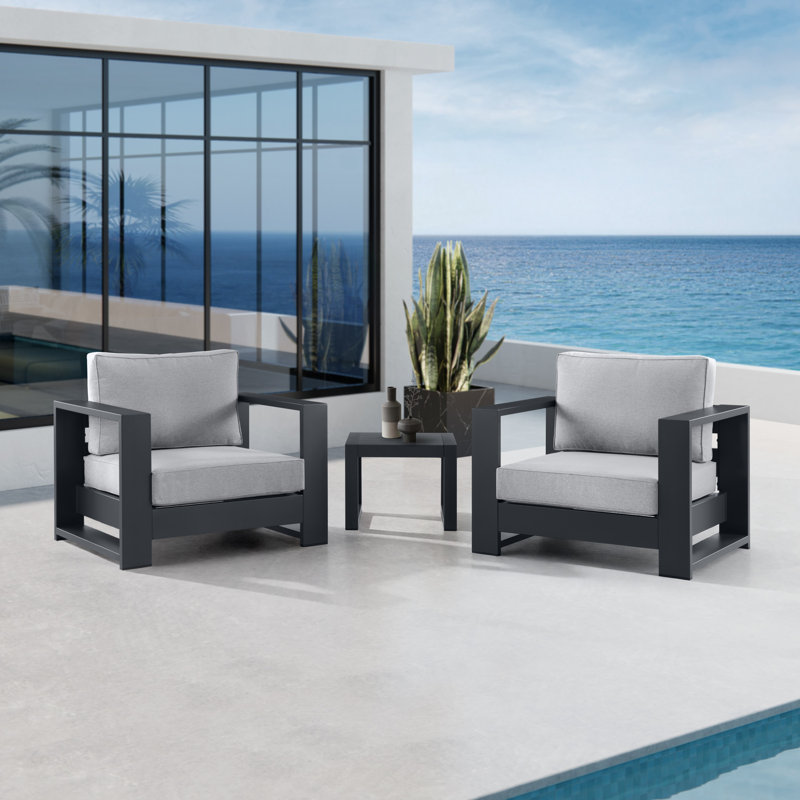 Hoyt Outdoor Aluminum3-piec Armchair Set with End Table, 3 Pcs: End Table, 2 Chairs, Gray, Slate Black