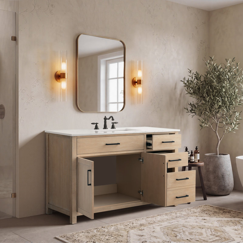 Meuble-lavabo simple Shamar de 48 po avec comptoir en marbre reconstitué, Mangue naturelle