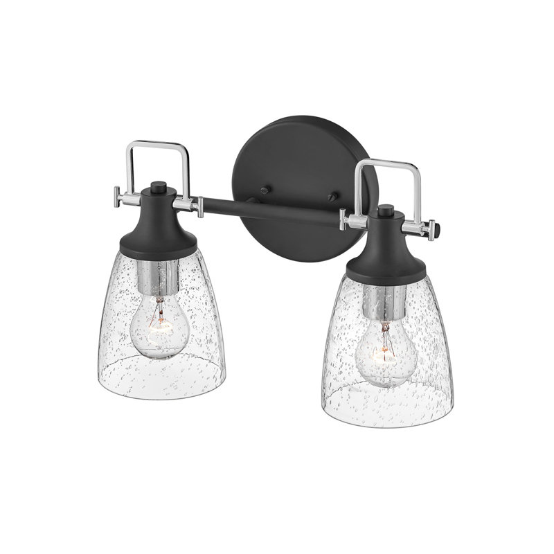 Easton Two-Light Bath Vanity Fixture w/ Clear Seedy Glass Shades, Black/Chrome