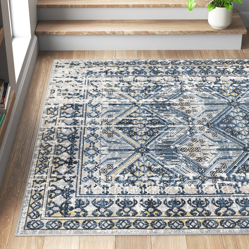 Gruver Machine Washable Oriental Area Rug in Blue/ Gray/ Orange, Rectangle 5' x 7'6"