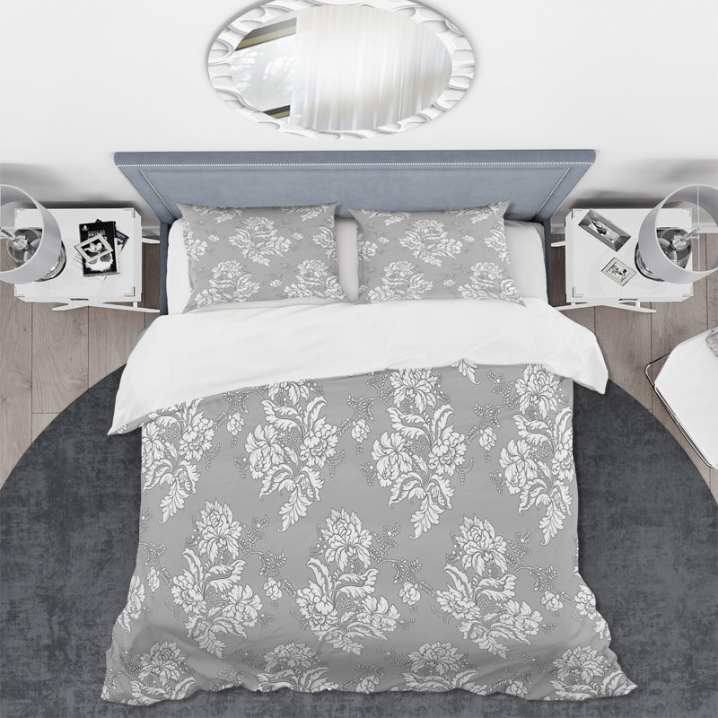 Fleurs classiques sur gris clair - Ensemble de housse de couette traditionnel - Microfibre de polyester
