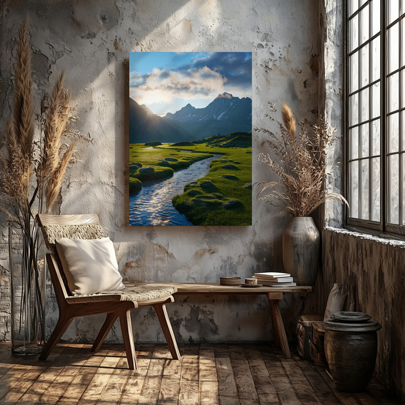 Toile, "Un paysage serein, avec un ruisseau sinueux qui coule à travers une luxuriante" Green Meadows "entourée de roches éparses et toile