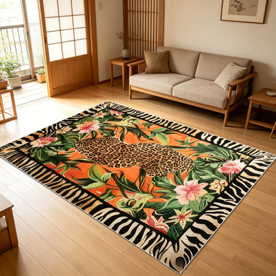 1PC Tropical Leopard Floral Zebra Border area rugs for Living Room, Soft and Comfortable, Suitable for all seasons, easy-to-maintain, machine washable Indoor floor mat, Under Table Farmhouse suitable for dining table, entryway, bedroom, back patio,