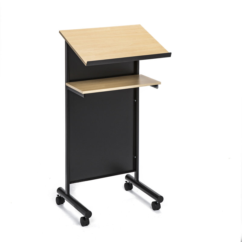 Beech and Black Metal Standing Desk with Wheels and Shelves