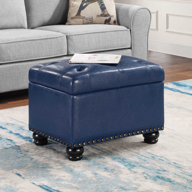 Frontenac 24" Wide Faux Leather Tufted Rectangle Storage Ottoman, Blue Faux Leather