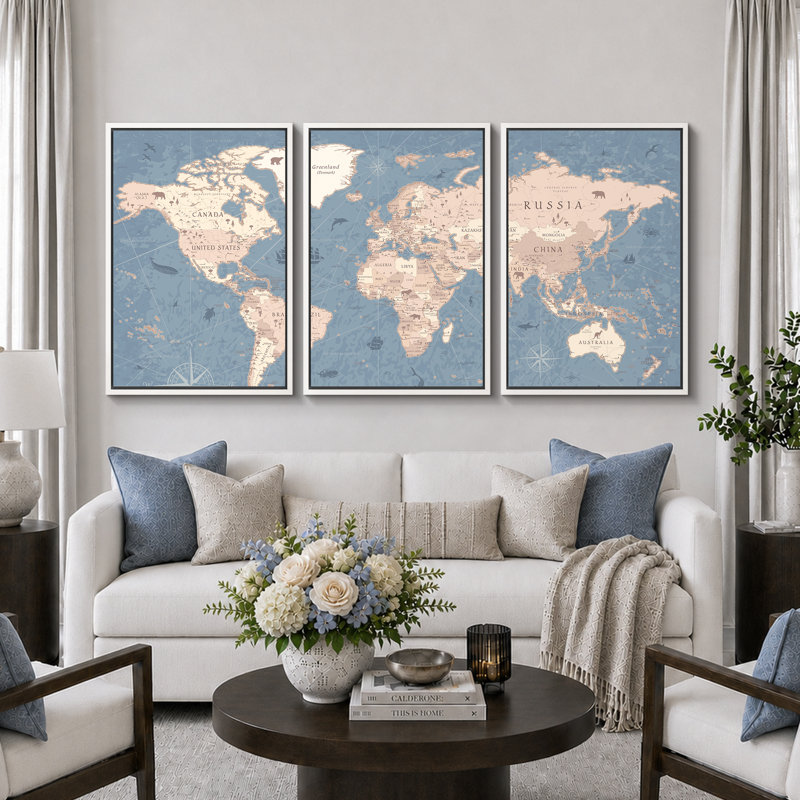 Carte du monde «Blue Global Antique Atlas, H 36 po x l 72 po, Reproduction avec cadre flottant, Blanc