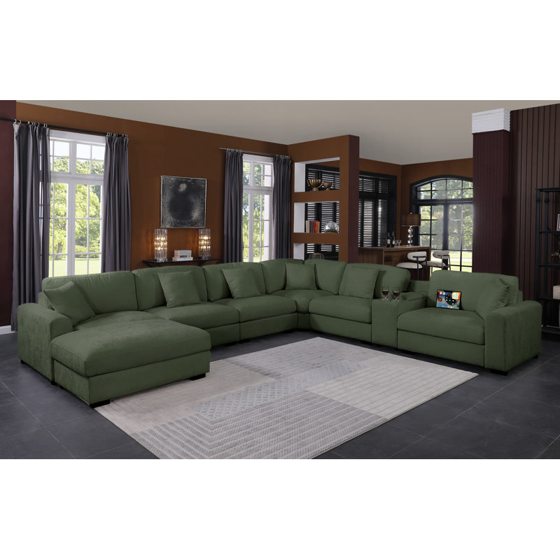 Canapé modulaire d'angle rembourré moderne avec consoles, H 36 po x l 162 po x P 137 po, Chenille vert poussiéreux