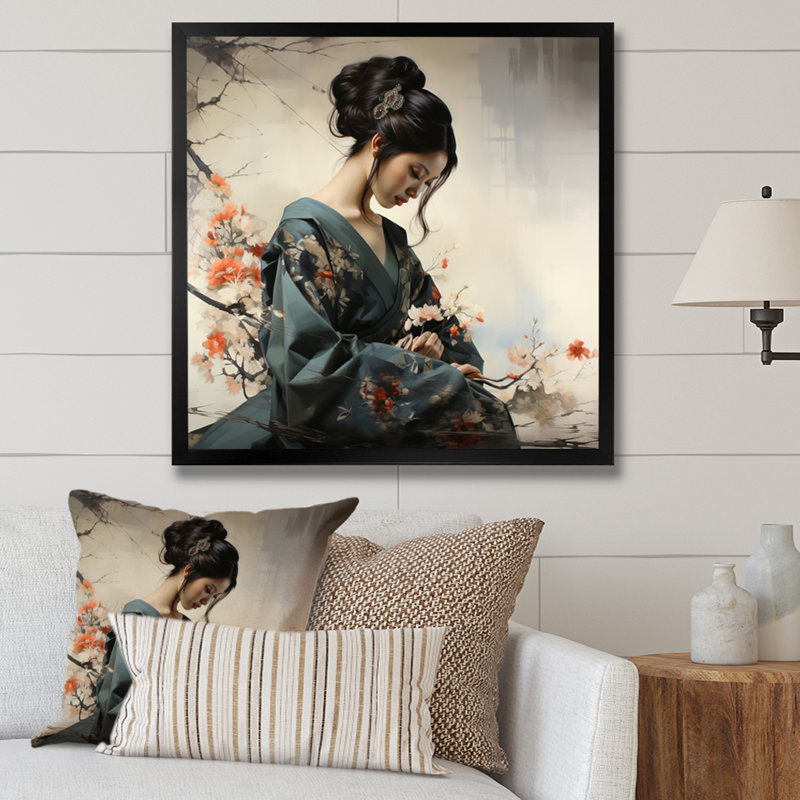 «Asian Art Geishas Grace», reproduction d'art sur toile asiatique, Cadre simple noir, H 16 po x l 16 po x P 1 po