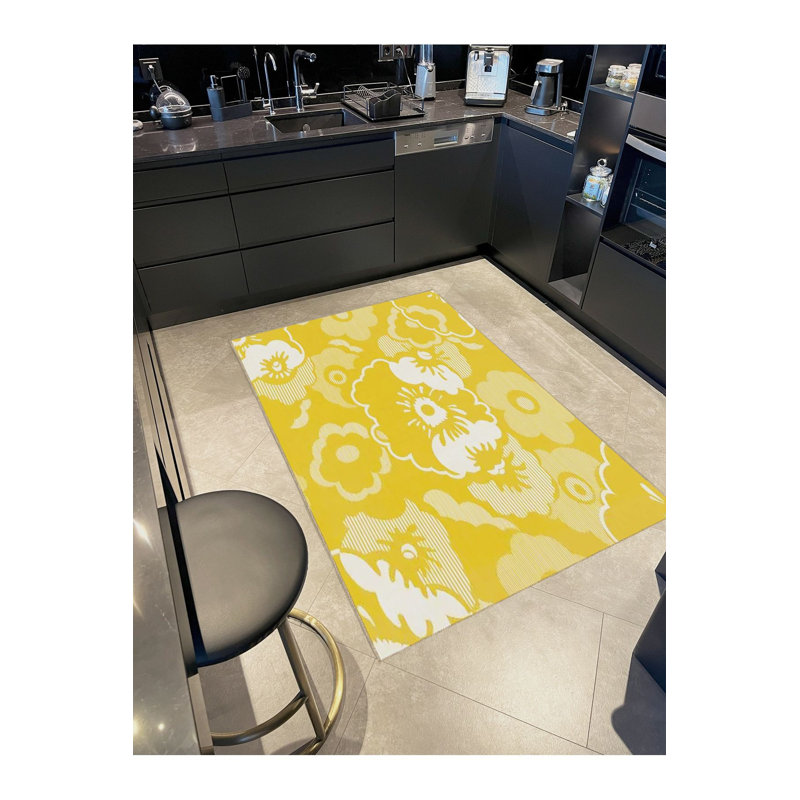 Tapis lavable décoratif moderne à motif floral à motif tissé jaune, Tapis de couloir 3 pi 3 po x 6 pi 7 po inclus
