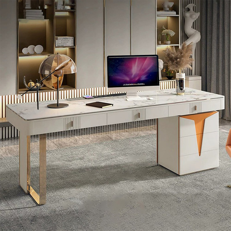 Bureau d'écriture avec tiroirs blanc + orange + or fritté rectangulaire + bois manufacturé + acier inoxydable