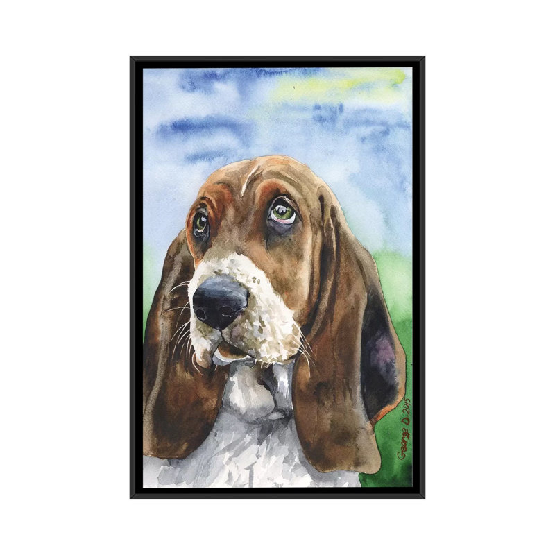 « basset iii », reproduction sur toile, H 26 po x l 18 po x P 1,5 po, Toile avec cadre noir, Pas de tapis