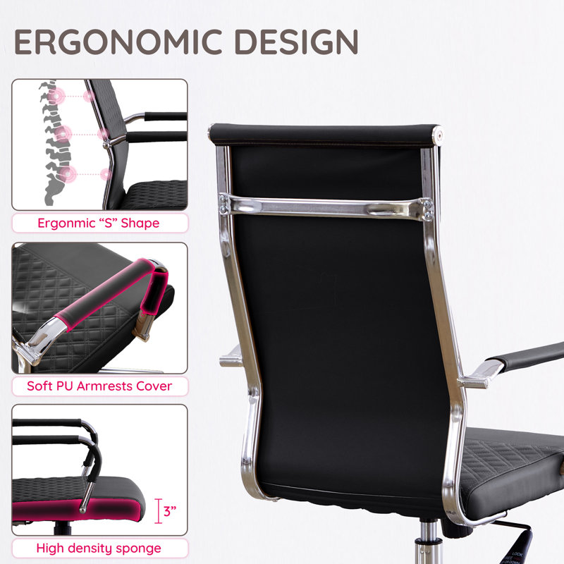 Executive Office Swivel Chair With Patterned Leather Back, Black