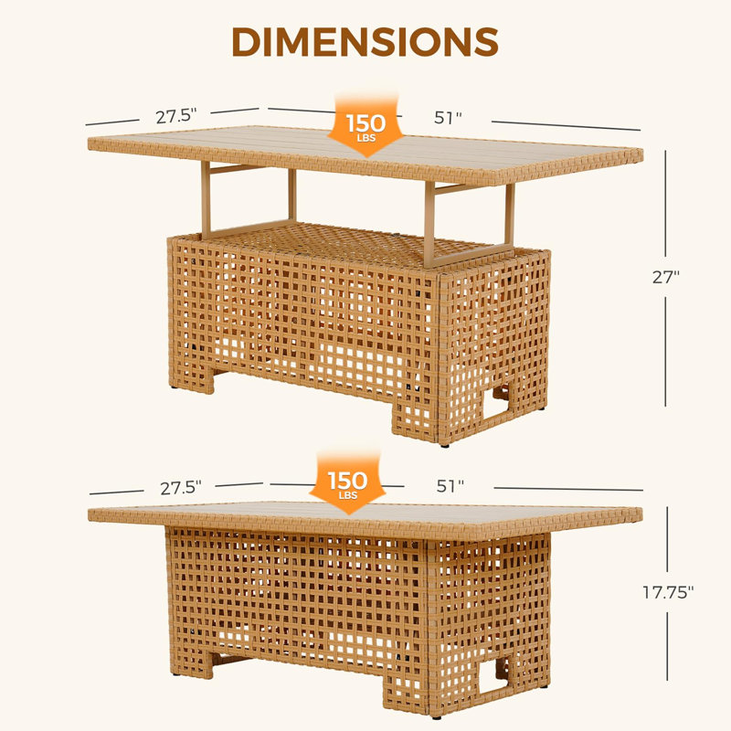 Table basse d'extérieur relevable, table de patio en résine tressée PE avec tablette de rangement, structure en acier thermolaqué, hauteur réglable, style bohème, idéale pour terrasse, jardin ou piscine, finition beige