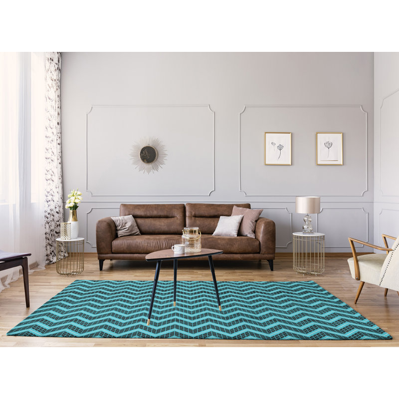 Tapis bleu/noir à chevrons à main inversé, Rectangle 8 pi x 10 pi
