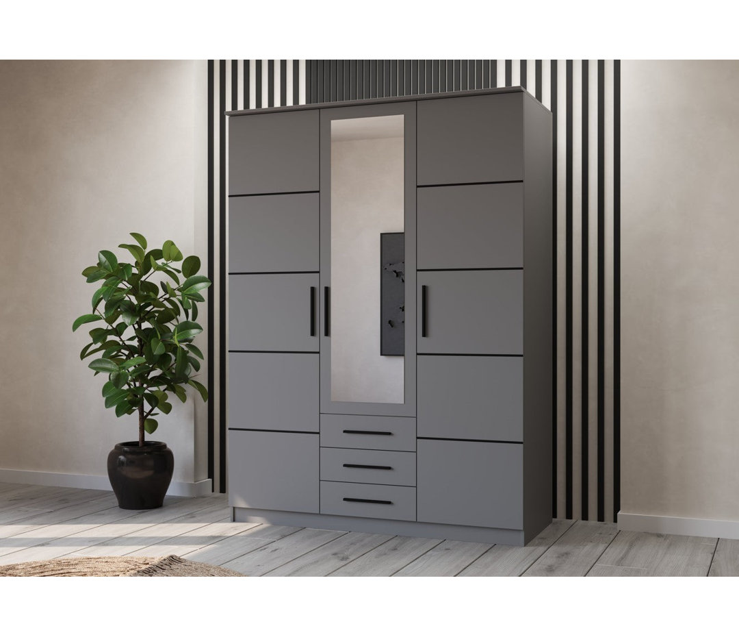 Grey Hinged 3-Door Wardrobe with Mirror & Black Accents 152x207cm - Three Drawers, Six Shelves