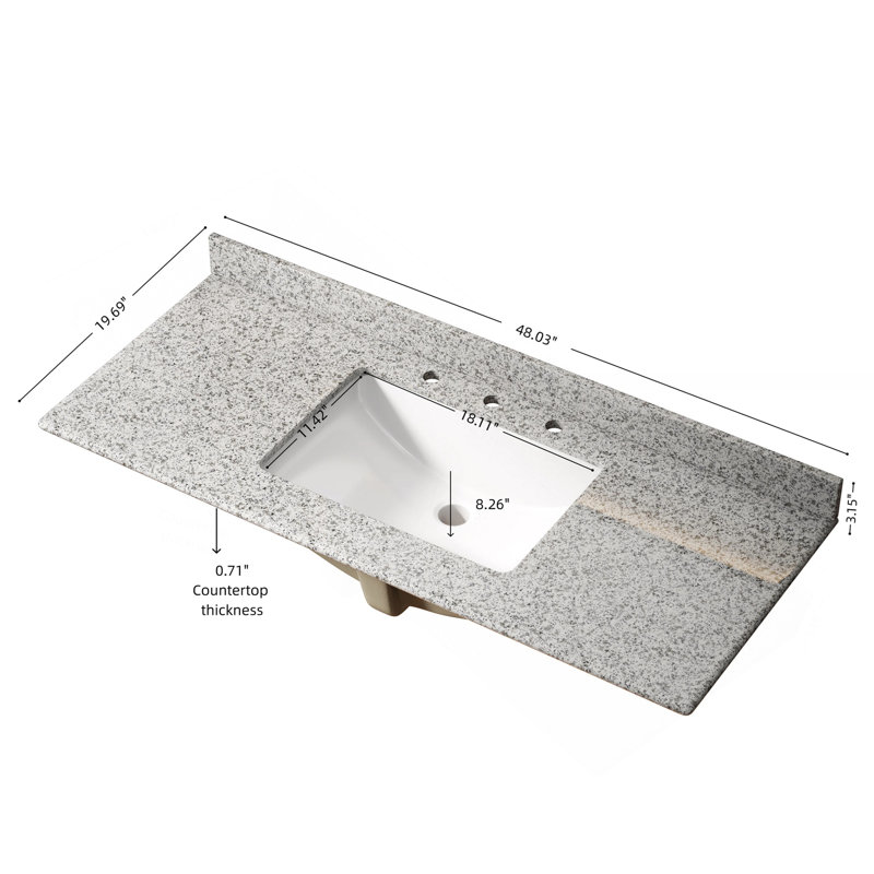 Plan de toilette de 122 cm (48 po), comptoir en granit naturel avec lavabo en céramique blanche, sans robinet, sans bonde, sans bouchon de lavabo