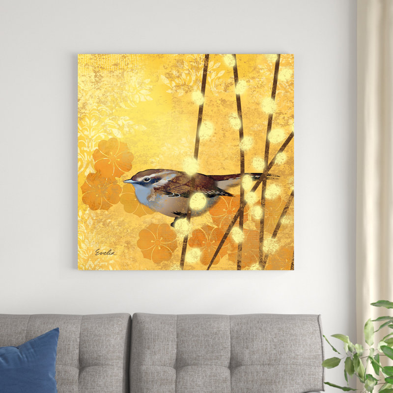 Wren sur jaune I, H 36 po x l 36 po x P 1,25 po