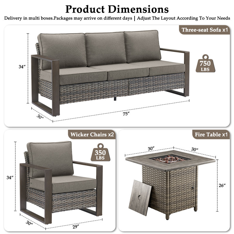Ensemble de canapés de patio 4 pièces en osier gris avec table foyer carrée et assises profondes., Gray, Gray