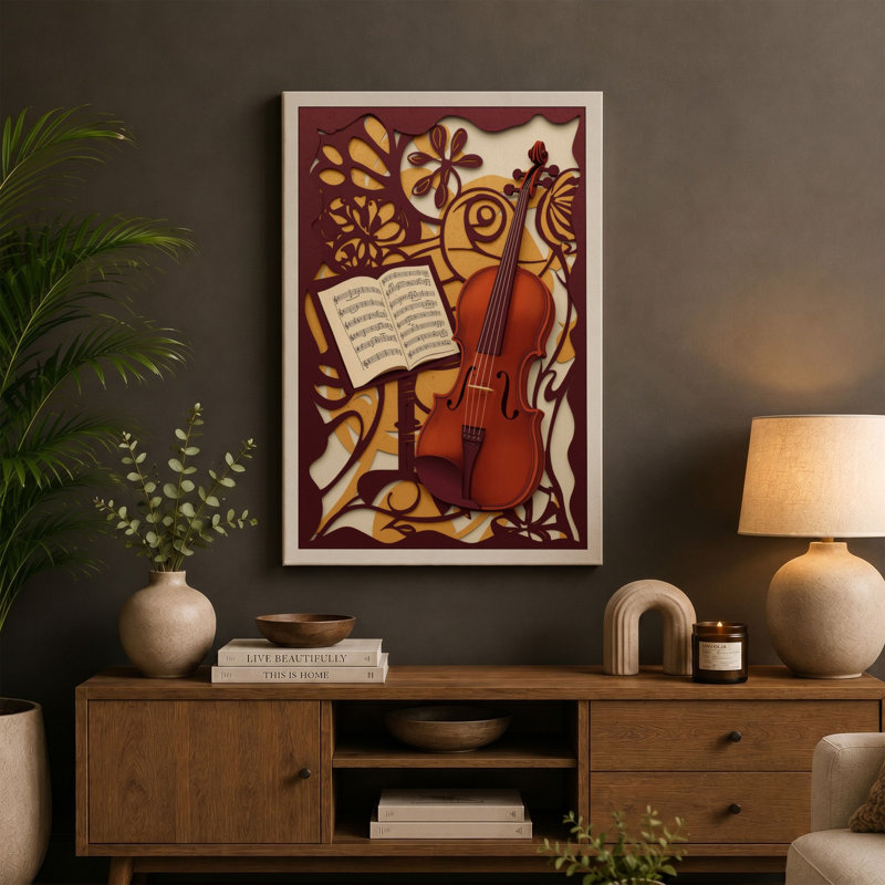 Violin and Music Art Deco - Wrapped Canvas, 18x12 - 45.7 x 30.5 cm, Sage Border