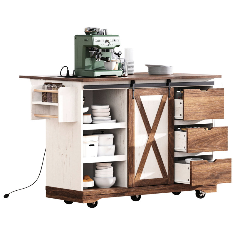 Rolling Kitchen Cart 55.5", Drop Leaf, Storage Drawers, Towel Rack, Built - In Power Outlet, And Dining Room Organization Home