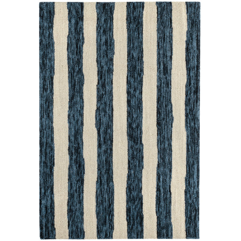 Silas Stripe Hand Hooked Striped Area Rug in Navy, Runner 2'6" x 8'