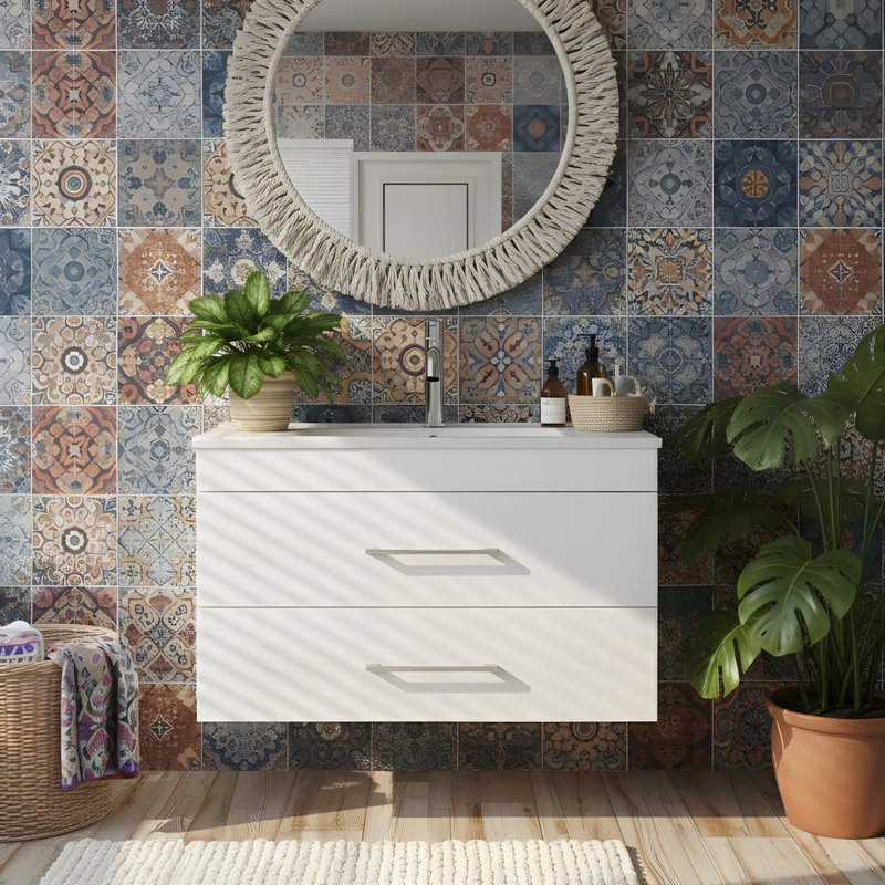 White Gloss Wall-Mounted Bathroom Vanity, 31"