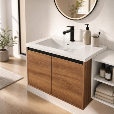 Meuble-lavabo mural 42 po avec lavabo en résine, 2 portes à fermeture douce et tablettes ouvertes, ensemble de meuble-lavabo flottant à finition ébène brun pour petite salle de bain
