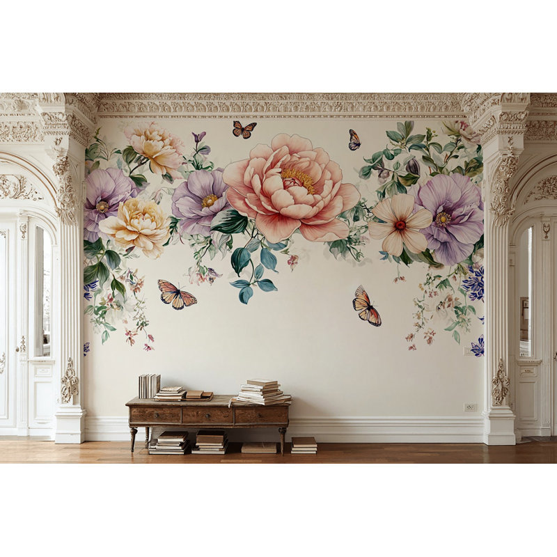 Papier peint pastel floral avec bordure papillon sur fond crème, L 75 po x l 112 po