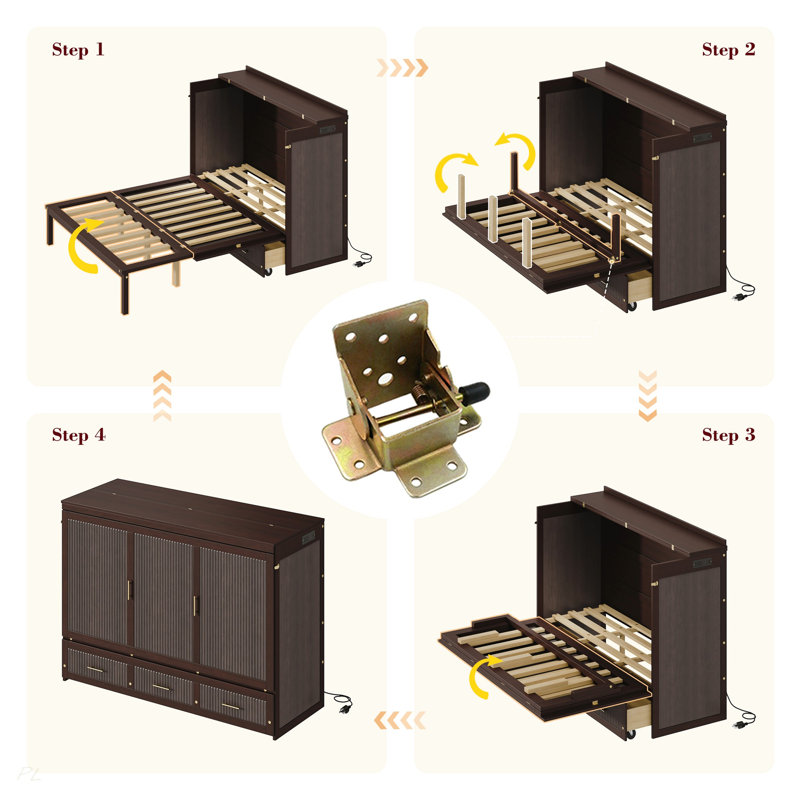 Armoire murale multifonctionnelle avec station de charge USB, lit escamotable vertical grand format avec tiroirs, lit escamotable mural peu encombrant avec verrou de sécurité et dispositif anti-basculement