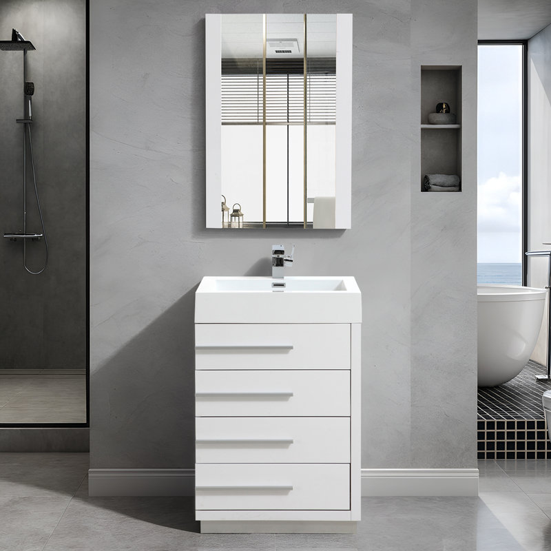 Manders 24'' Free-standing Single Bathroom Vanity with Acrylic Sink and Mirror, Glossy White