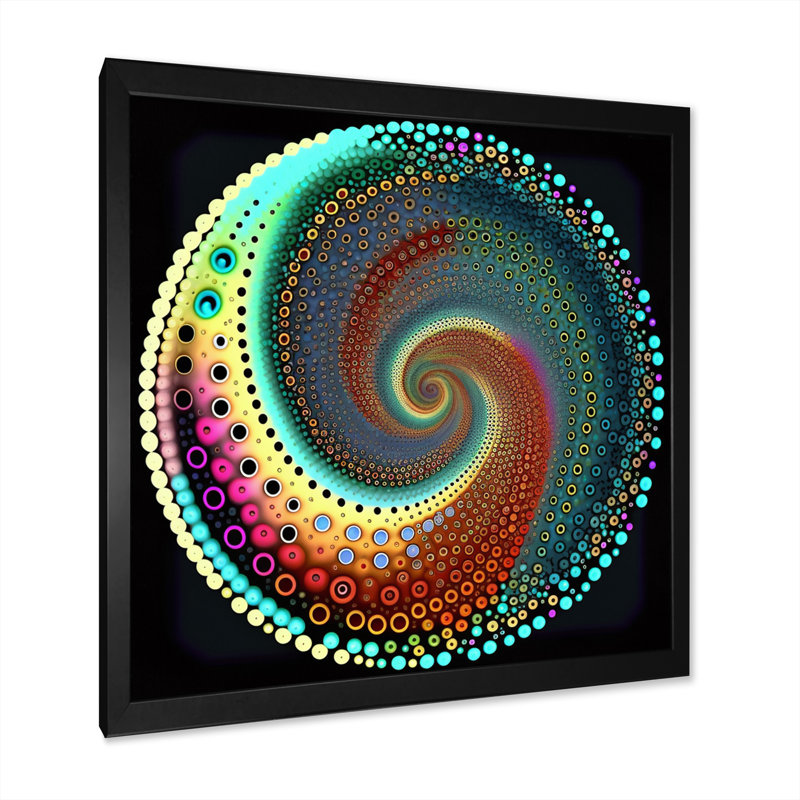 Iridiscdent pointillisme spirale nuances de turquoise - imprimé, H 24 po x l 24 po x P 1 po, Cadre simple noir