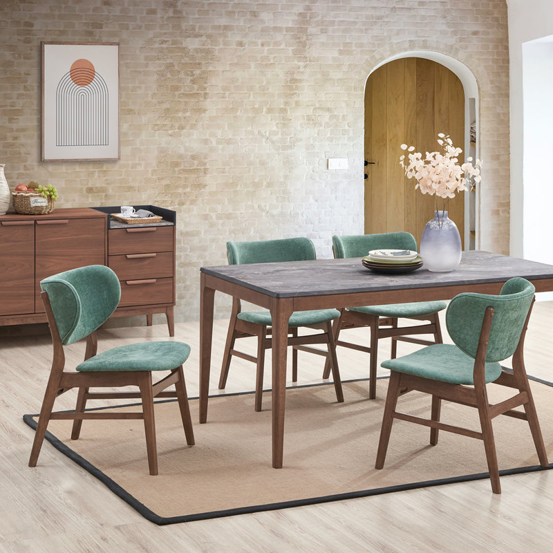 Ensemble de mobilier de salle à manger de style Mid-Century moderne avec 2 chaises d'appoint au fini vert et noyer en bois au design épuré et au dossier incurvé