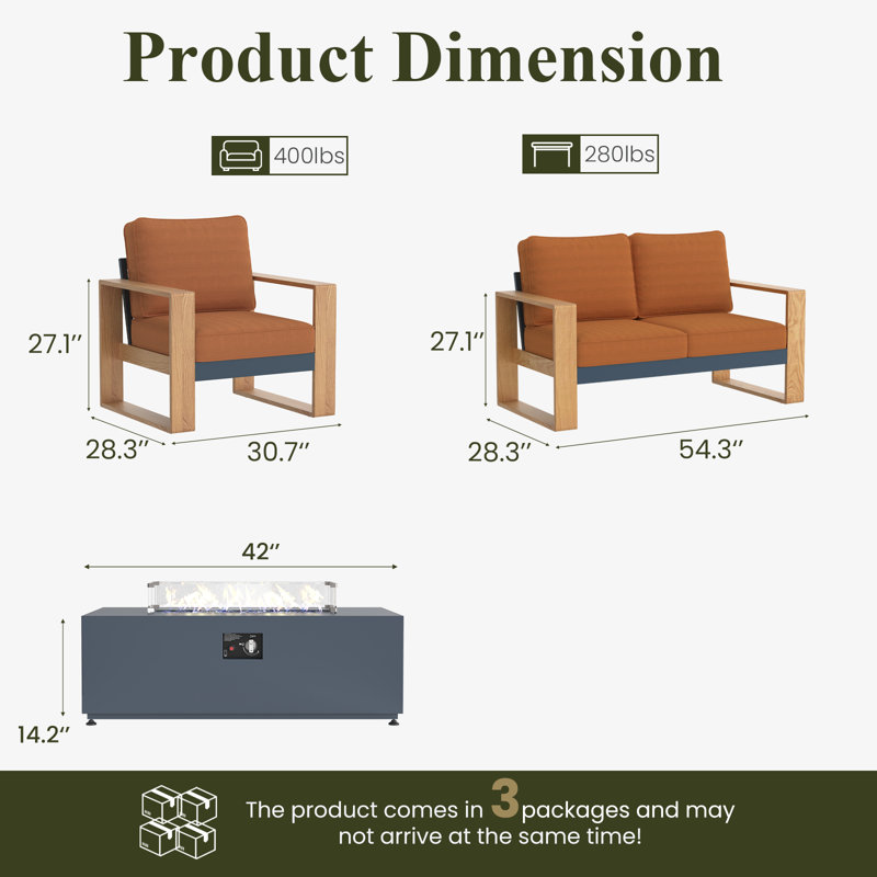  Ensemble de meubles de patio en aluminium 4 pièces avec table de foyer, siège surdimensionné avec ensemble de conversation extérieur à haut dossier
